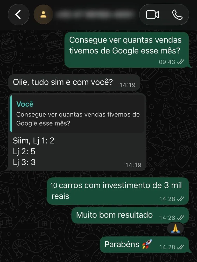 Conversa no WhatsApp: cliente informa 2, 5 e 3 vendas em três lojas, totalizando 10 carros
